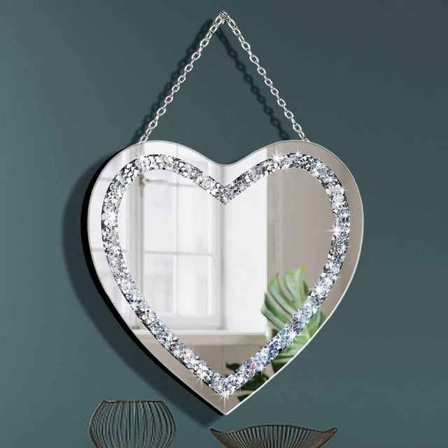 Crystal Crush Diamond Heart Shaped Silver Mirror with Silver Stainless Steel