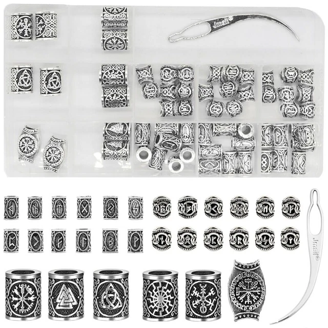 Norse/Viking Rune Beard Beads-Full Set 61 Pcs Charm Beads - Beards Hair Silver