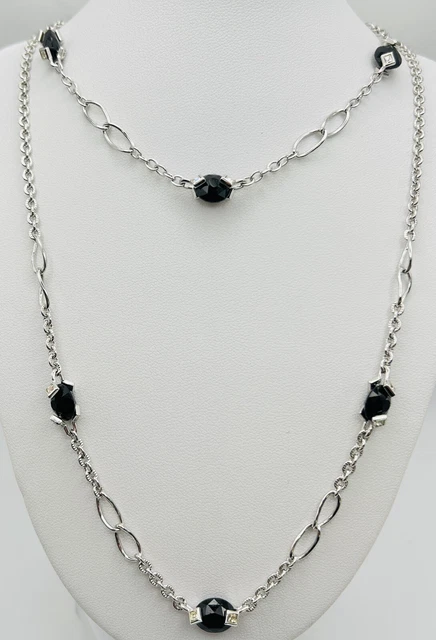 Nadri Textured Silver Chain With Black Faceted Glass Womens Necklace 16”