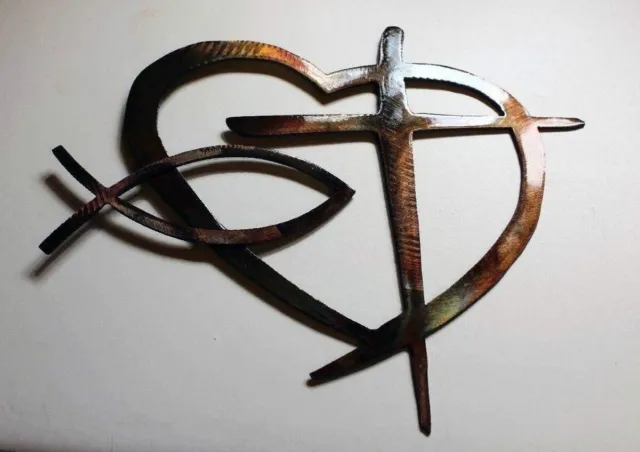 Heart & Cross and Fish Metal Wall Art Copper and Bronzed Plated- 7 3/4 wide x 6"