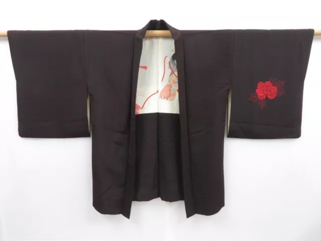 3509T05z620 Vintage Japanese Kimono Silk HAORI Peony Dark brown