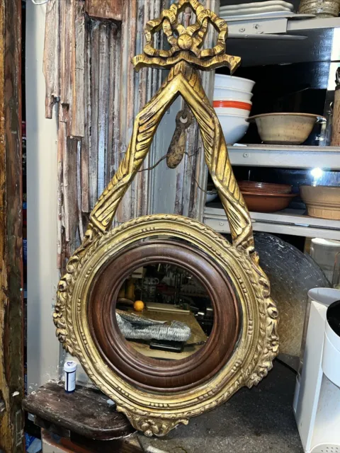 Antique Gilded Carved Wood WATCH EYE Mirror RIBBON Ornate 17x33