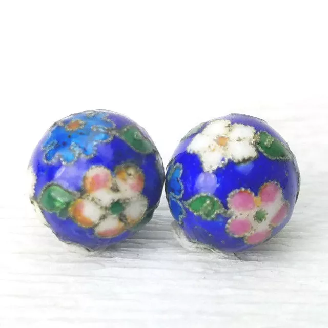 2 Antique HTF Blue Mixed Color Flowers Cloisonne Chinese Enamel 12mm 2 Beads 