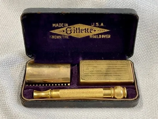 1920's Gillette Gold Pocket Edition Basket Weave Case w/ Original Box & Razors