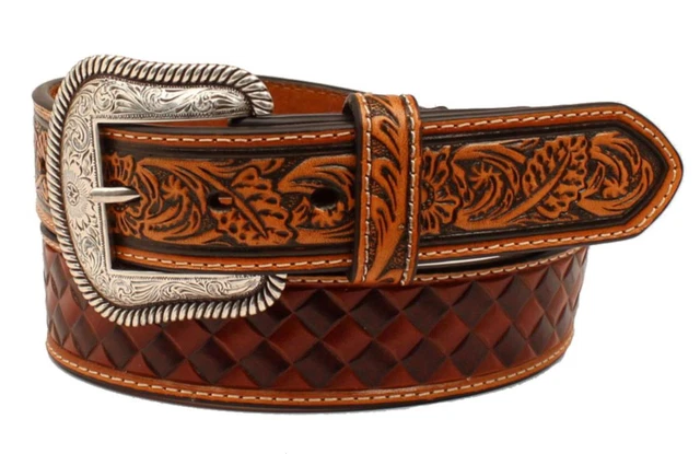 Nocona Western Mens Belt Leather Weave Embossed Floral Brown