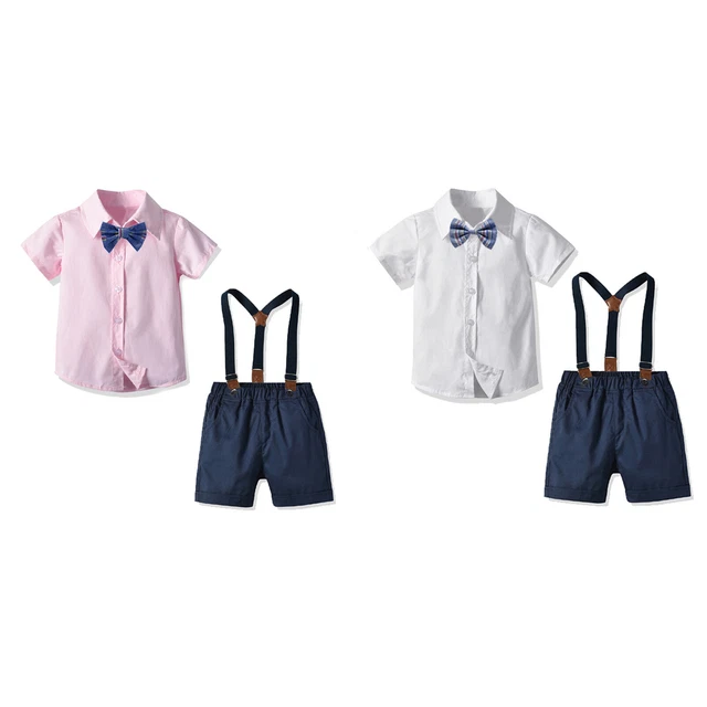 Camicia a mosca bambini ragazzi gentleman outfits 3 pezzi maniche corte + pantaloncini con bretelle