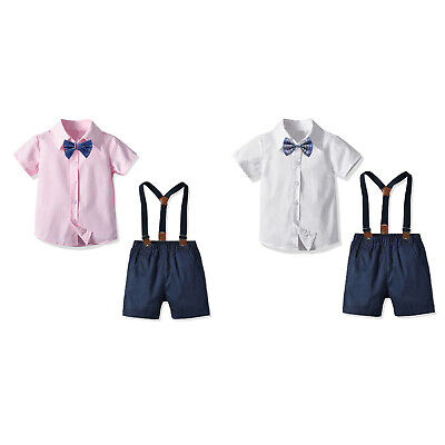 Kinder Jungen Gentleman Outfits 3tlg Kurzarm Fliege Hemd+Shorts Mit Hosenträger