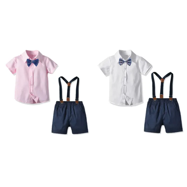 Kinder Jungen Gentleman Outfits 3tlg Kurzarm Fliege Hemd+Shorts Mit Hosenträger