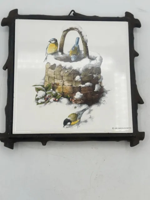 Marjolein Bastin 1995 Iron Framed Tile Trivet Snow Capped Basket Winter Birds