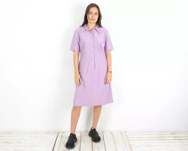 Femme M Robe Chemise Bouton Manches Col Été Levander Longueur Genou Vintage