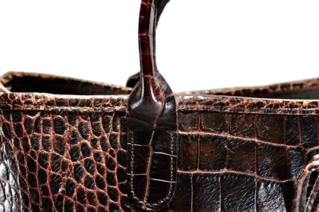 Vintage LONGCHAMP Croc Embossed Roseau Brown Leather Tote Bag France 10