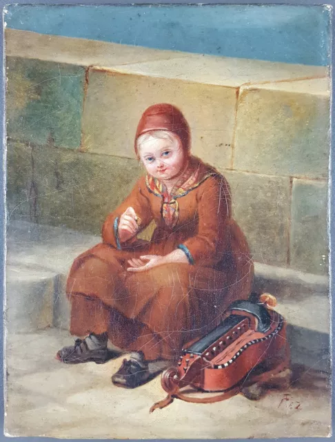 Ancien Tableau "Musicienne de Rue" Peinture Huile Antique Oil Painting Dipinto