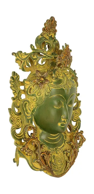 Tibetan Buddhist Goddess Tara Buddha Mask Wall Hanging Decor Green 12.5" Brass 2