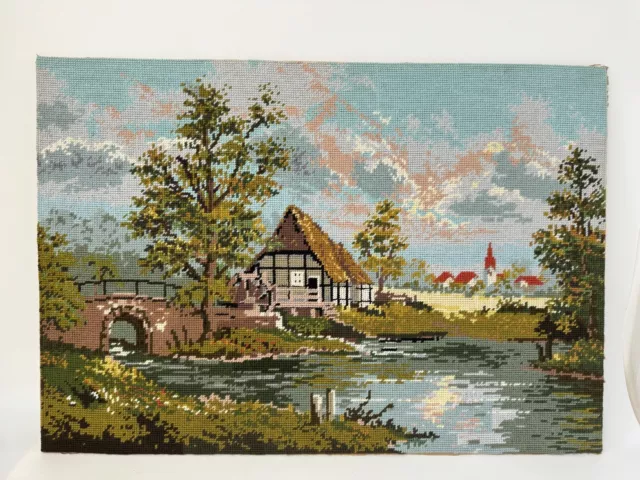 Vintage Tapestry River Cottage Scene Picture Completed 25.5” X 17.75” Large