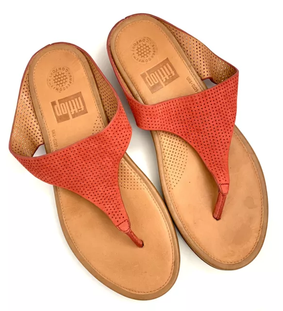FitFlop Banda Women's Perforated Red Leather Toe Post Flip Flop Sandals Size 8
