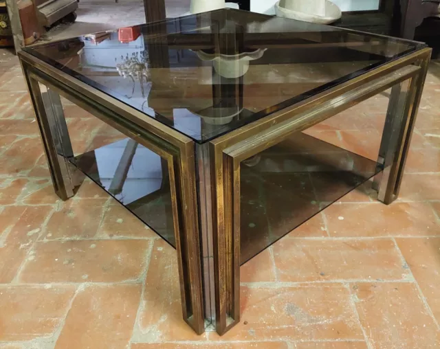 Petite Table Fumée Laiton Métal Chrome Verre 'Maison Jansen' Ans 70