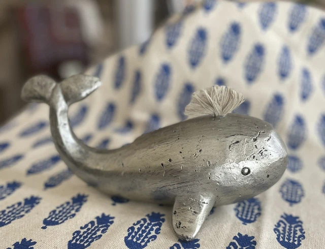 Folk Art Hand Carved Painted Silver Wood Sculpture Sperm Whale Moby Dick