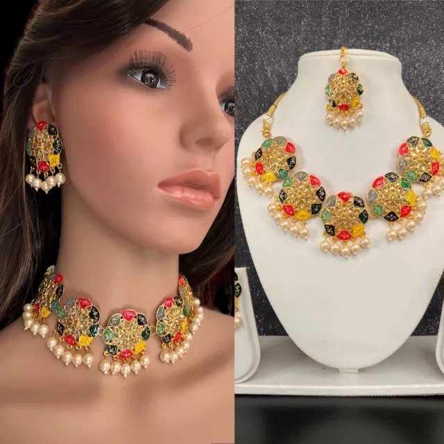 Indian Pakistani Multicolour Gold Plated Earrings Choker Necklace Jewellers Set.