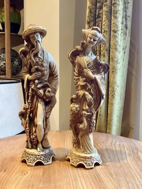 Vintage Pair Of Heavy Oriental Hand Carved Resin Sculpture Figures