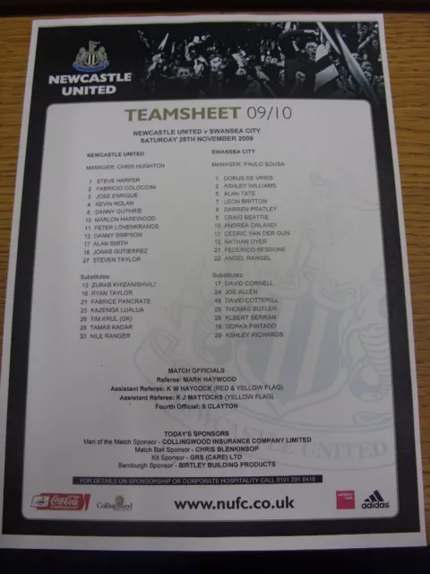 28/11/2009 Colour Teamsheet: Newcastle United v Swansea City [Copy Of Original A