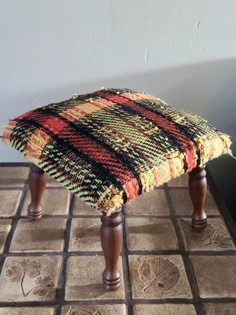 Foot Stool Vintage MCM Mid Century Modern Plaid Square Ottoman Wooden Legs Read!