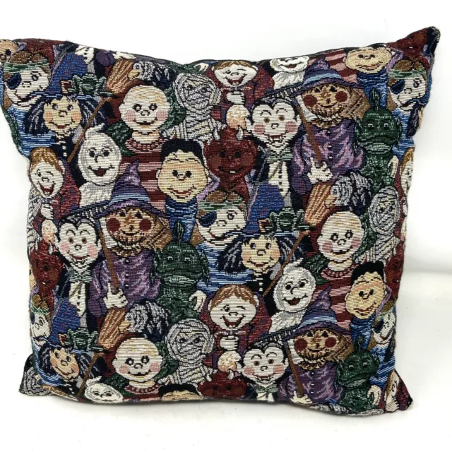 Vintage Tapestry Halloween Pillow Handmade Trick or Treaters Faux Leather Back