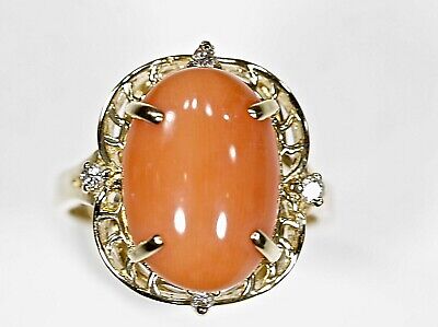 REAL 14KT. Gold Coral Diamond Ring High Color Luster Quality Coral Fine Jewelry