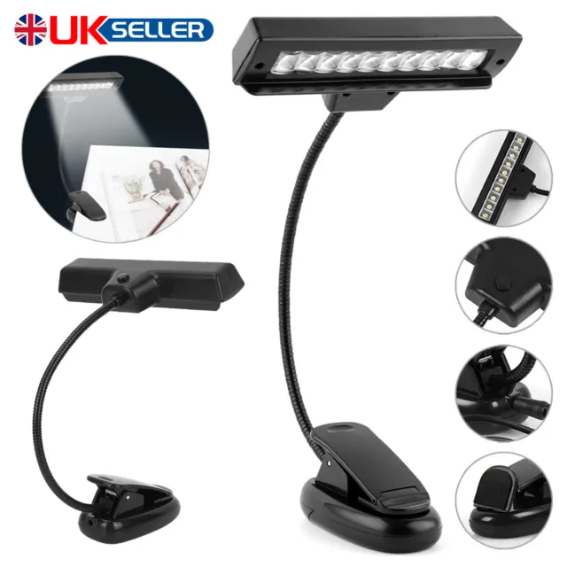 10 LED Flexible Clip-on Piano Music Stand Reading Light Bed Table Desk Lamp UK