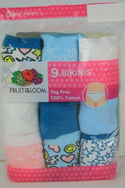 NEW 9 Pack Girls Bikini Panties Size 12 Tagless Underwear Fruit of the Loom Blue