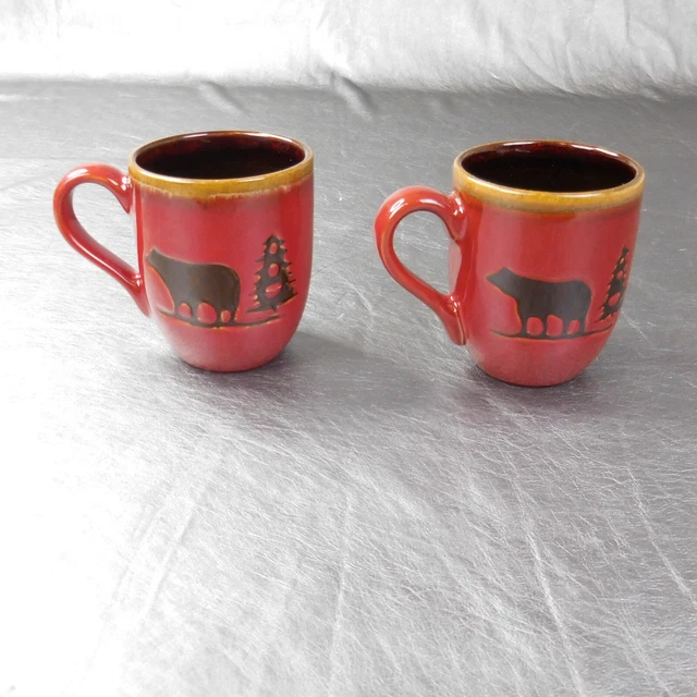 2 Rustic Red & Brown Glazed Bear Coffee Mug Hot Cocoa Cabin Lodge Man Cave