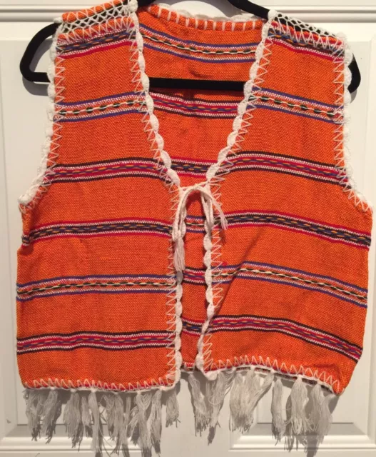 Vtg 70s  Hippie Fringed Orange Vest Ethnic Festival Boho Mexican Chest 38"