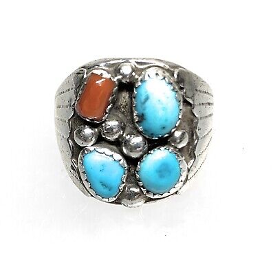 Old Pawn Navajo Sterling Silver, Turquoise, & Coral Ring - Sz. 9.25
