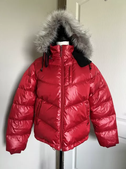 Nautica Jeans Womens Sz M Quilted Down Puffer Coat Jacket Red Faux Fur Hooded