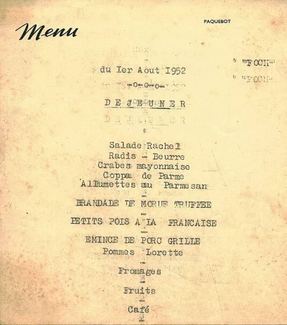 Menu ancien du 1er Août 1952 déjeuner Paquebot Foch