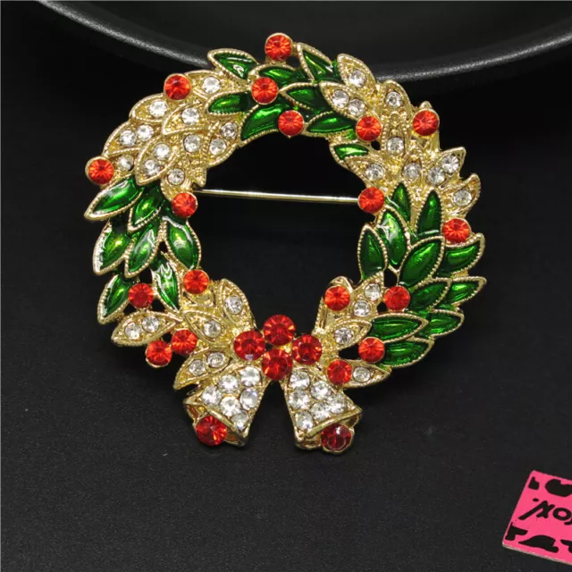 Hot Colorful Crystal Cute Christmas Wreath Fashion Women Charm Brooch Pin Gifts
