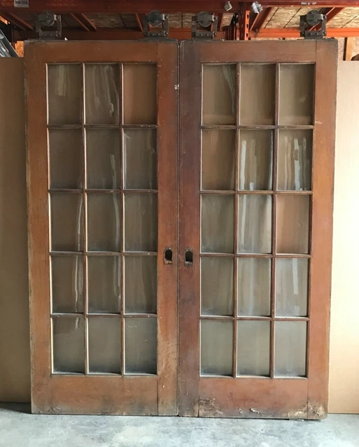 Antique Pair 15 Lite Wood 37x90 French Pocket Doors Room Divider Old VTG 239-23B