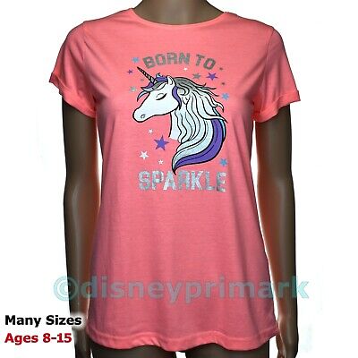 Unicorn T-Shirt BORN TO SPARKLE Coral Pink Children's Top Child Girls Christmas