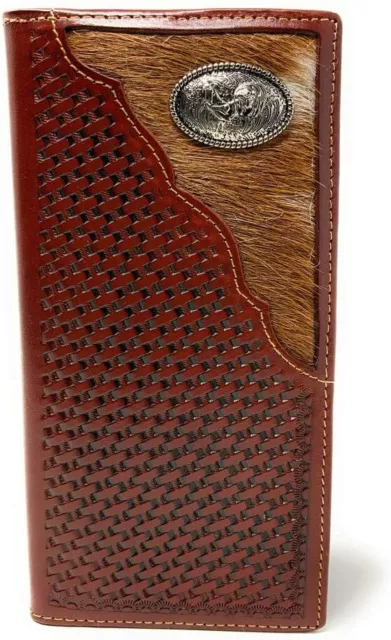Western Men's Basketweave Genuine Leather Rooster Long Cowhide Stud Bifold Walle