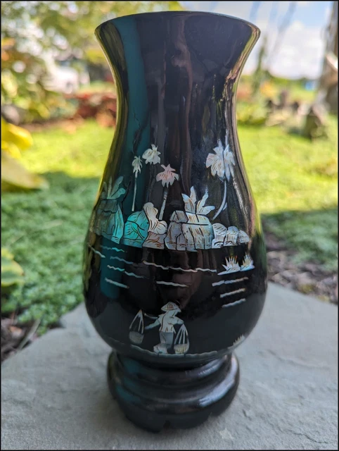 Wood Chinese Vase With Mother Of Pearl Inlay Palm Trees