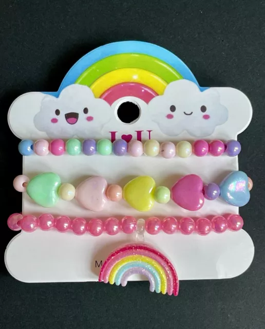 Girls Rainbow Heart Charm Elasticated Beaded Bracelet Little Jewellery Set Gift
