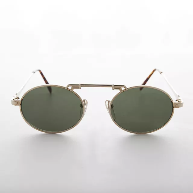 Gold Oval Steampunk Aviator Sunglass w/ Brow Bar Green Lens - London