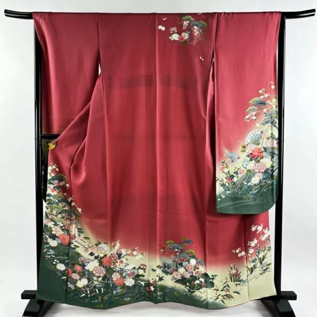 Japanese Kimono Furisode Pure Silk Flower An Ox Drawn Coach Gold Thread Pink