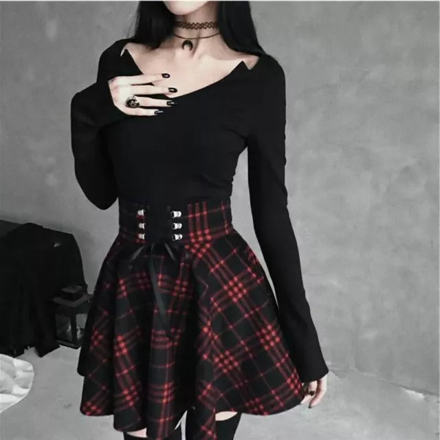 Gothic lace up waist plaid irregular dress sale