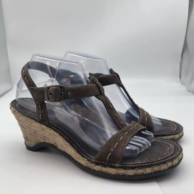 Indigo by clarks brown leather espadrille wedge sandals sz 8.5