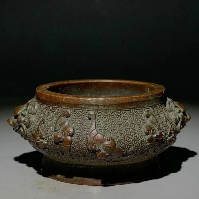 Ancient Chinese double lion patterned purple copper jar incense burner Pot