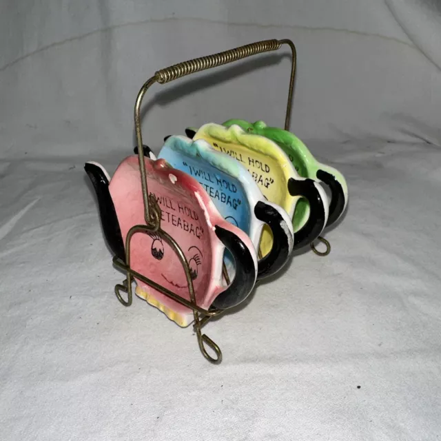 Vintage Tea Tidy Set & Caddy Anthtopmorphic Teapot Teabag Holders Complete