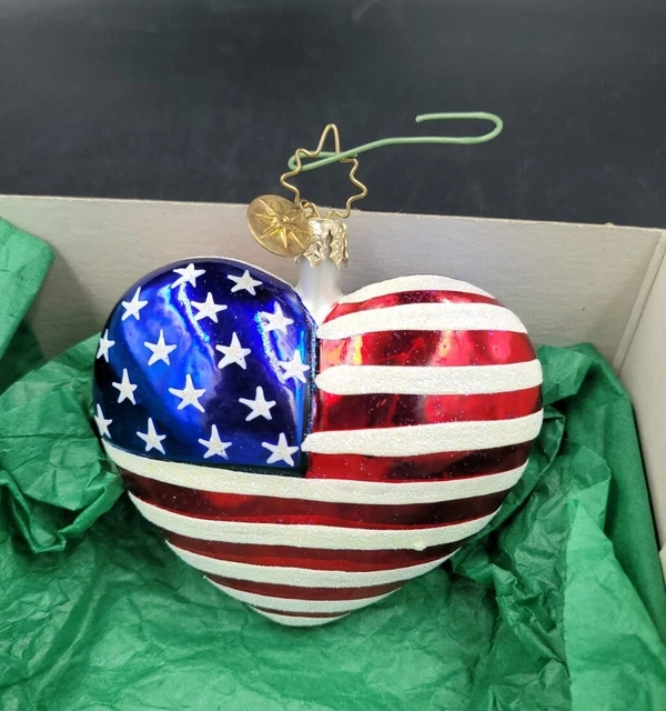 Christopher Radko American Flag Brave Heart Glass Christmas Ornament Glittered