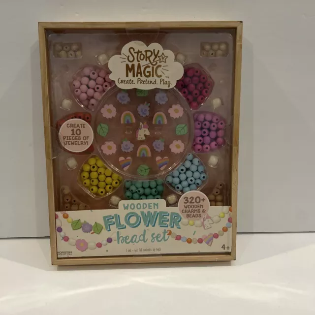 Story Magic Wooden Flower Bead Set, Over 300 Large Hole Wood Beads & Multi New