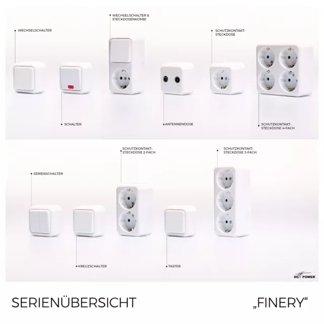 Aufputz-Serie "Finery" Wechselschalter, Steckdose, Taster, 2-4 fach, weiß uvm.