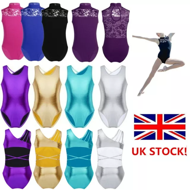 UK Kids Girls Glitter Ballet Dance Leotard Gymnastics Tutu Dress Unitard Costume